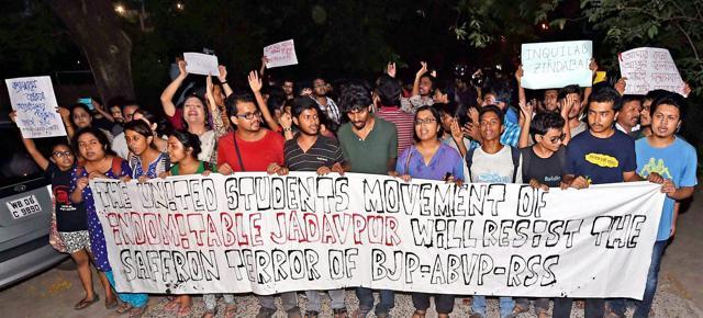 Students of Jadavpur University take part in a rally to protest against alleged ABVP activists attack on them in Kolkata on Saturday evening,while city traffic came to a stand still. (PTI) Students of Jadavpur University take part in a rally to protest against alleged ABVP activists attack on them in Kolkata on Saturday evening,while city traffic came to a stand still. (PTI)