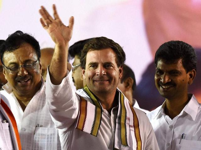 Congress vice-president Rahul Gandhi waves at an election rally ahead in Chennai on Saturday.(PTI)