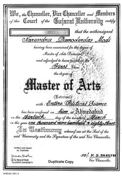 PM Modi’s MA degree in Political Science. Photo: BJP’s Twitter Handle. PM Modi’s MA degree in Political Science. Photo: BJP’s Twitter Handle.
