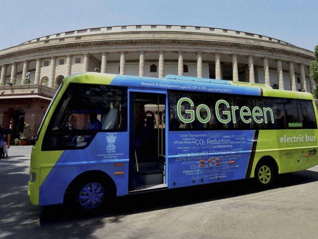 An electric bus that ferries lawmakers to Lok Sabha at Parliament House. Delhi Transport Corporation will run 25 electric buses that are likely to be procured by July.(PTI) An electric bus that ferries lawmakers to Lok Sabha at Parliament House. Delhi Transport Corporation will run 25 electric buses that are likely to be procured by July.(PTI)