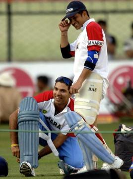Sachin Tendulkar shares a light moment with teammate Yuvraj Singh during a practice session on the eve of the second One Day International (ODI) match between India and South Africa in Bangalore, 18 November 2005. (AFP) Sachin Tendulkar shares a light moment with teammate Yuvraj Singh during a practice session on the eve of the second One Day International (ODI) match between India and South Africa in Bangalore, 18 November 2005. (AFP)