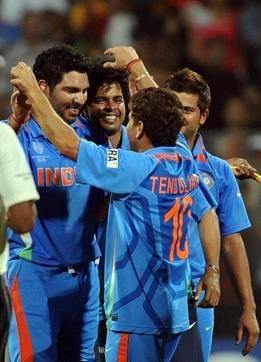 Sachin Tendulkar and Yuvraj Singh celebrate their victory during the ICC Cricket World Cup final match between India and Sri Lanka at The Wankhede Stadium in Mumbai on April 2, 2011. (AFP) Sachin Tendulkar and Yuvraj Singh celebrate their victory during the ICC Cricket World Cup final match between India and Sri Lanka at The Wankhede Stadium in Mumbai on April 2, 2011. (AFP)