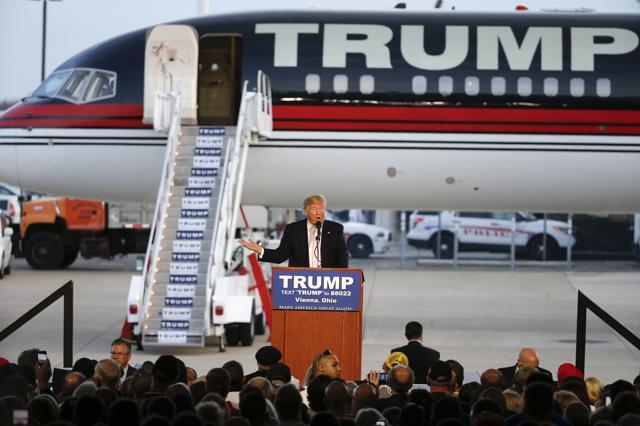 Republican presidential candidate, Donald Trump holds a plane-side rally in a hanger at Youngstown-Warren Regional Airport in Vienna, Ohio. (AP) Republican presidential candidate, Donald Trump holds a plane-side rally in a hanger at Youngstown-Warren Regional Airport in Vienna, Ohio. (AP)