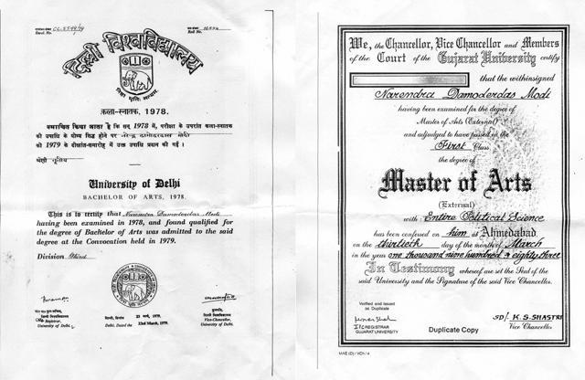 Prime Minister Narendra Modi's graduation (L) and post-graduation degrees that were shown by BJP president Amit Shah and finance minister Arun Jaitley during a press conference at the BJP headquarters in New Delhi. (PTI) Prime Minister Narendra Modi's graduation (L) and post-graduation degrees that were shown by BJP president Amit Shah and finance minister Arun Jaitley during a press conference at the BJP headquarters in New Delhi. (PTI)