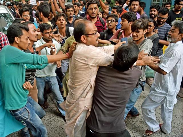 ABVP activists clash with Jadavpur University students after the screening of 'Buddha in a Traffic Jam' at the university campus in Kolkata. (PTI File Photo) ABVP activists clash with Jadavpur University students after the screening of 'Buddha in a Traffic Jam' at the university campus in Kolkata. (PTI File Photo)