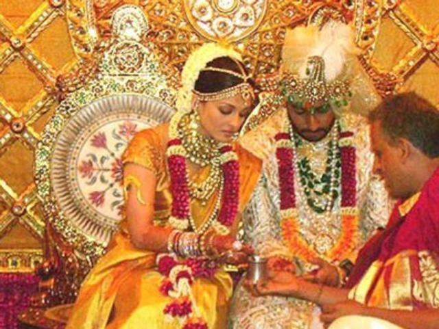 Aishwarya Rai Bachchan (2007): Aishwarya married Abhishek Bachchan on 20 April, 2007. The actor opted for a golden-yellow sari designed by Neeta Lulla. Her braided hair, which was covered with flowers and gold jewellery, complemented her look.