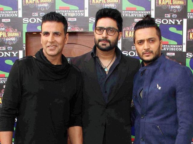 Bollywood actors Akshay Kumar, Riteish Deshmukh and Abhishek Bachchan promote their film Housefull 3 on the sets of The Kapil Sharma Show in Mumbai on Monday. (PTI)