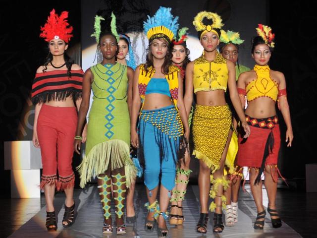 Lovely Professional University (LPU) students walk the ramp during their annual graduating show. (Pardeep Pandit/HT Photo)