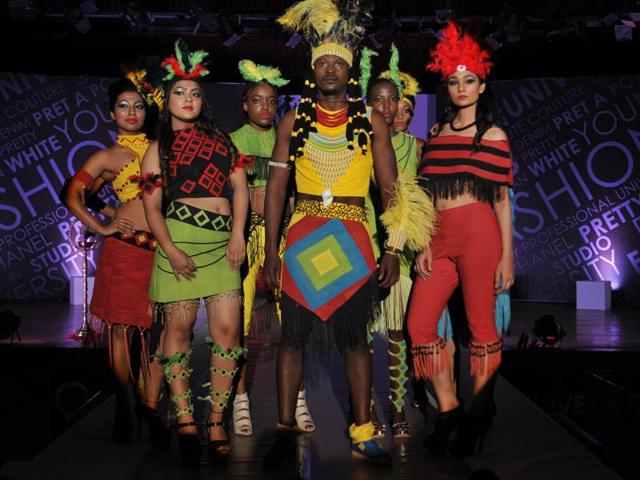 LPU students in tribal outfits during the show. (Pardeep Pandit/HT Photo)