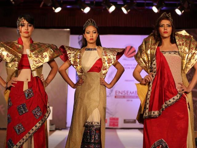 Three girls strike a pose at Lovely Professional University near Jalandhar on Tuesday. (Pardeep Pandit/HT Photo)