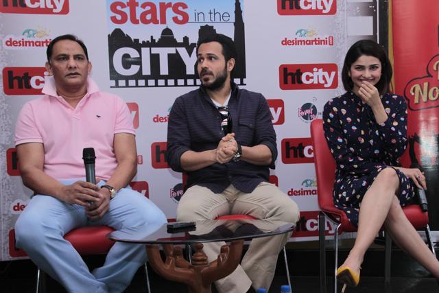 Actors Emraan Hashmi, Prachi Deasi along with former-cricketer and captain of the Indian Cricket team, Mohammad Azharuddin visited HT House in Delhi to meet the winners of HT City Stars In The City Contest. (Shivam Saxena/ HT Photo)