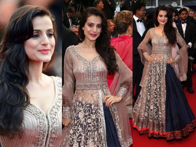 Ameesha Patel at Cannes 2013, in a layered designer lehenga choli. (Agencies) Ameesha Patel at Cannes 2013, in a layered designer lehenga choli. (Agencies)