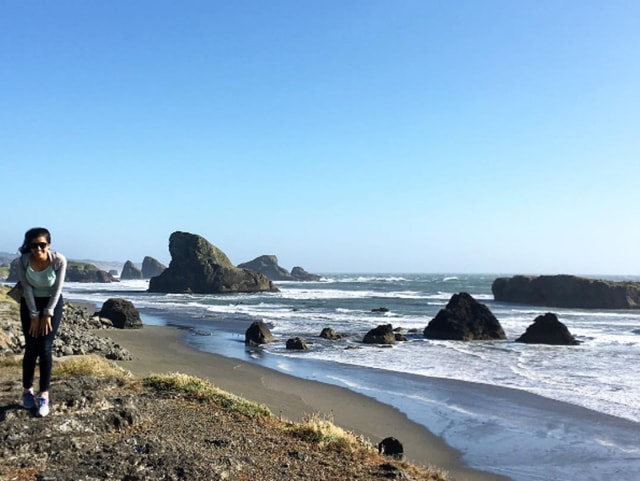 Gone with the wind: Nimrat poses on the coast of Oregon. 