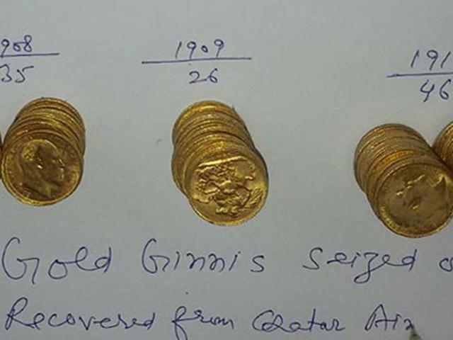The gold coins recovered by Amritsar customs officials at Sri Guru Ram Dass Jee International Airport in Amritsar on Wednesday.(HT Photo) The gold coins recovered by Amritsar customs officials at Sri Guru Ram Dass Jee International Airport in Amritsar on Wednesday.(HT Photo)