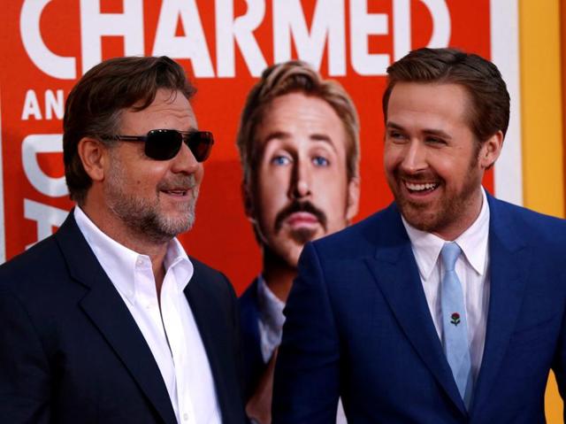Cast members Russell Crowe and Ryan Gosling pose at the premiere of The Nice Guys. (REUTERS)