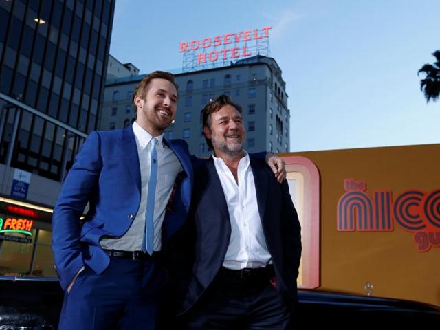 Ryan Gosling and Russell Crowe pose at the premiere of the buddy comedy film The Nice Guys in Hollywood. (REUTERS)