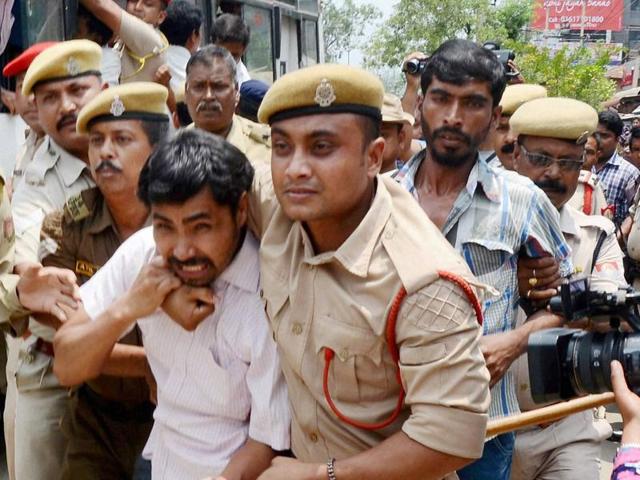 Police arrest the activists of Krishak Mukti Sangram Samity (KMSS) members during their hunger strike against the National Eligibility Entrance Test (NEET) and Reinstallation of Combined Entrance Examination (CEE) in front of the Directorate of Health Education in Guwahati on Monday. (PTI) Police arrest the activists of Krishak Mukti Sangram Samity (KMSS) members during their hunger strike against the National Eligibility Entrance Test (NEET) and Reinstallation of Combined Entrance Examination (CEE) in front of the Directorate of Health Education in Guwahati on Monday. (PTI)