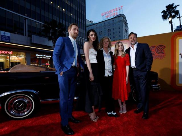 Cast members Ryan Gosling, Margaret Qualley, Kim Basinger, Angourie Rice and Russell Crowe pose at the premiere of The Nice Guys in Hollywood. (REUTERS)