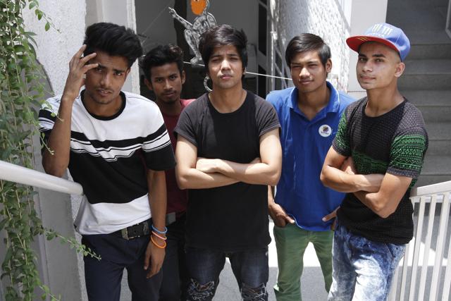 (L-R) Members of Slumgods of Khirki Extension - MC Freezak aka Mahesh Kumar Jha; B-boy Ric aka Rishi Kumar; MC Heam aka Hemant Dhyani; Brijesh Gouro and Khem Khowal. (Waseem Gashroo/HT Photo )