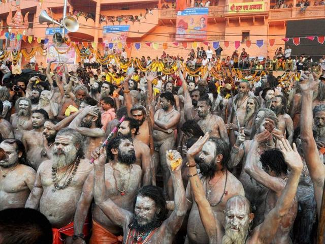 Naga Sadhu takes a holy dip on the second shahi snan during Simhastha Maha Kumbh Mela in Ujjain. (PTI) 
