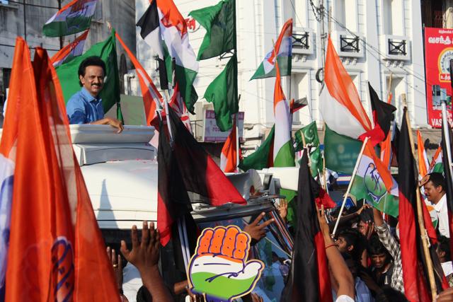 DMK leader Stalin campaigning for the Congress candidate ‘Karate’ Thiagarajan in Mylapore constituency in Chennai in May, 2016. (Picture courtesy: Sandhya Ravishankar)