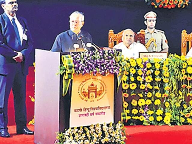 President Pranab Mukherjee addressing the gathering at the Swatantrata Bhavan in BHU on Thursday. (Rajesh Kumar/HT Photo) President Pranab Mukherjee addressing the gathering at the Swatantrata Bhavan in BHU on Thursday. (Rajesh Kumar/HT Photo)
