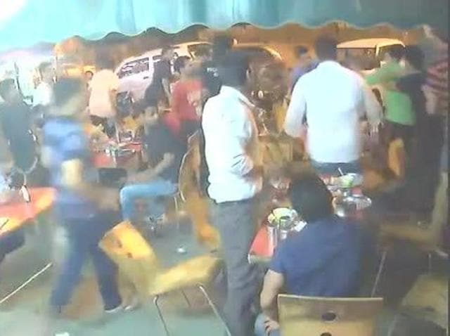 A CCTV grab of the incident at the restaurant in Gurgaon. A CCTV grab of the incident at the restaurant in Gurgaon.