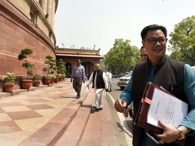 New Delhi, India- April 27, 2016: Minister of State for Home Affairs Kiren Rijiju during the arrives for the parliament Session in New Delhi, India, on Wednesday, (Hindustan Times) New Delhi, India- April 27, 2016: Minister of State for Home Affairs Kiren Rijiju during the arrives for the parliament Session in New Delhi, India, on Wednesday, (Hindustan Times)