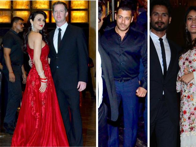 Preity Zinta took her own sweet time to hold a wedding reception in Mumbai but she more than made up for the delay on Friday. Along with husband Gene Goodenough, she welcomed Salman Khan and girlfriend Iulia Vantur, Shah Rukh Khan and Shahid Kapoor with wife Mira, among others. (Yogen Shah/HT PHOTO) 