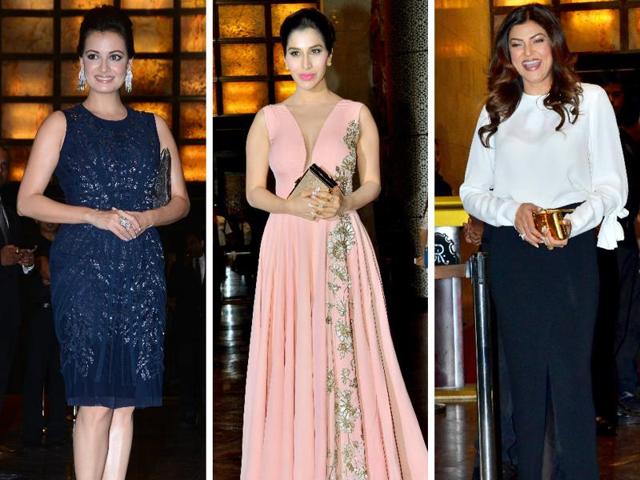 Dia Mirza, Sophie Choudry and Sushmita Sen at Preity Zinta’s wedding reception. (Yogen Shah/HT PHOTO) 