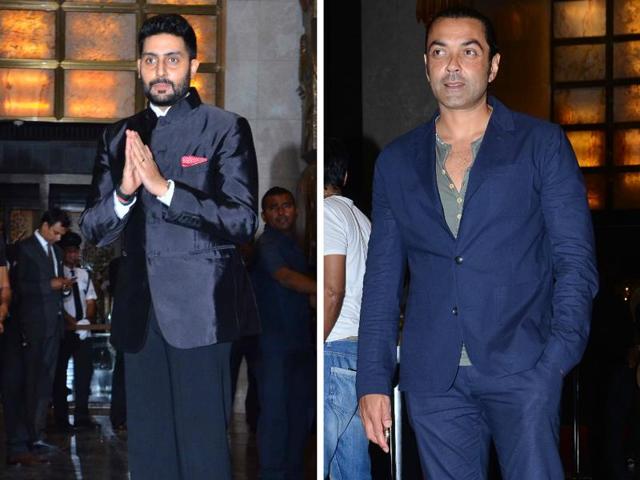 Abhishek Bachchan and Bobby Deol at Preity Zinta’s wedding reception. (Yogen Shah/HT PHOTO) 