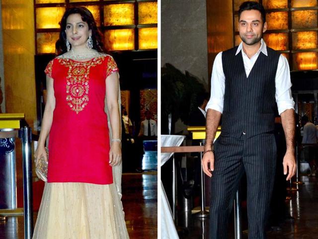 Juhi Chawla and Abhay Deol at Preity Zinta’s wedding reception. (Yogen Shah/HT PHOTO) 