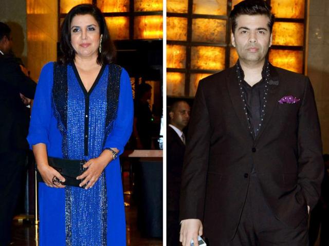 Farah Khan and Karan Johar at Preity Zinta’s wedding reception on Friday in Mumbai. (Yogen Shah/HT PHOTO) 