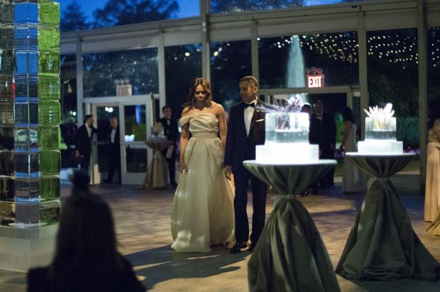 US President Barack Obama and First Lady Michelle Obama walk in as they are introduced during a state dinner for Nordic leaders on the South Lawn of the White House. (AP Photo)