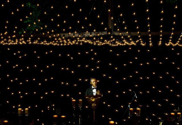 President Barack Obama makes remarks before delivering a toast during a State Dinner for Nordic leaders on the South Lawn of the White House. (AP Photo)