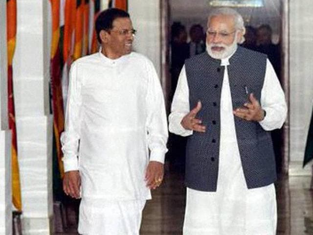 Prime Minister Narendra Modi with Sri Lankan President Maithripala Sirisena before their meeting in New Delhi.(PTI Photo) Prime Minister Narendra Modi with Sri Lankan President Maithripala Sirisena before their meeting in New Delhi.(PTI Photo)