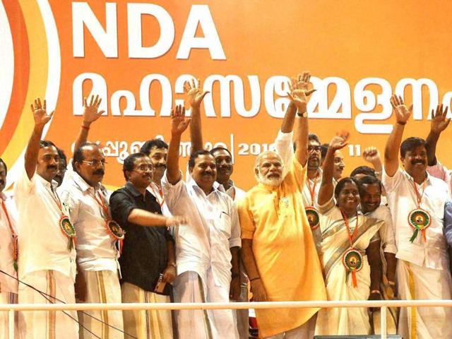 Prime Minister Narendra Modi with others party leaders at an election rally in Kochi on Wednesday. (PTI) Prime Minister Narendra Modi with others party leaders at an election rally in Kochi on Wednesday. (PTI)