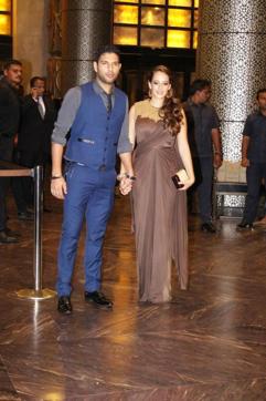 Cricketer Yuvraj Singh with fiance, actor Hazel Keech, during the wedding reception of Preity Zinta and Gene Goodenough. (IANS) Cricketer Yuvraj Singh with fiance, actor Hazel Keech, during the wedding reception of Preity Zinta and Gene Goodenough. (IANS)