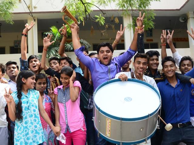 High school and intermediate students in Allahabad celebrate their success after the results were declared on Sunday. (Sheeraz Rizvi/HT photo)