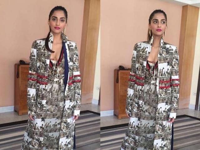 Sonam Kapoor stuns in an edgy Anamika Khanna creation that she paired with bright pink lips. (Instagram) 