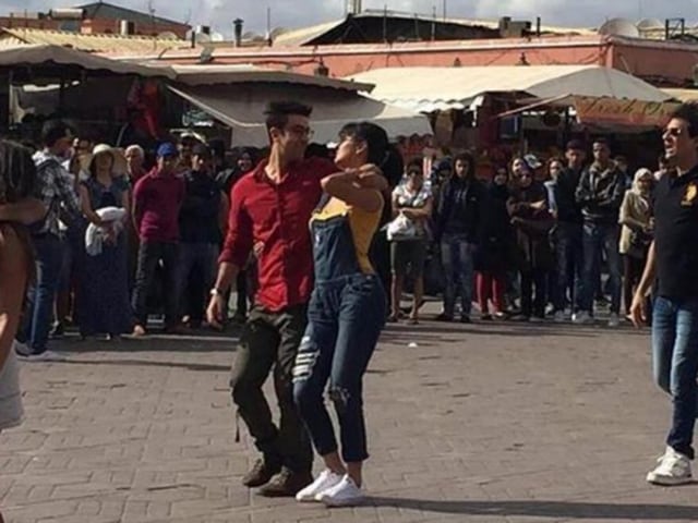 Katrina can be seen practising a song sequence with Ranbir.  (Twitter) 