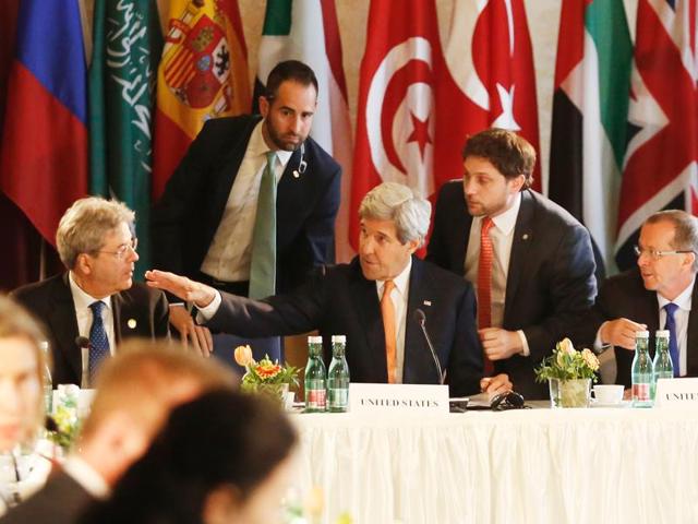 US secretary of state John Kerry (C), Italian foreign minister Paolo Gentiloni (L) and UN special envoy for Libya Martin Kobler (R) attend talks on the expanding presence of the Islamic State jihadist group in Libya. (AFP) US secretary of state John Kerry (C), Italian foreign minister Paolo Gentiloni (L) and UN special envoy for Libya Martin Kobler (R) attend talks on the expanding presence of the Islamic State jihadist group in Libya. (AFP)