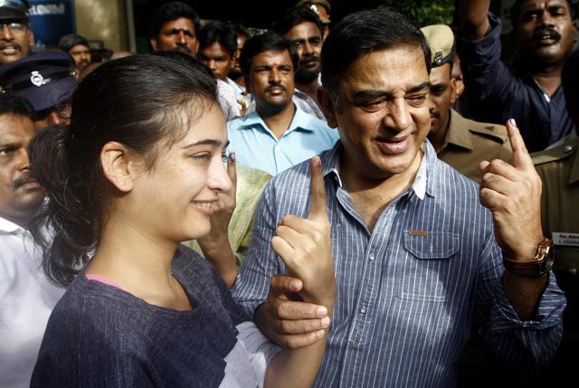Kamal Haasan poses with his daughter Aksharaa Haasan in Chennai. (AFP)