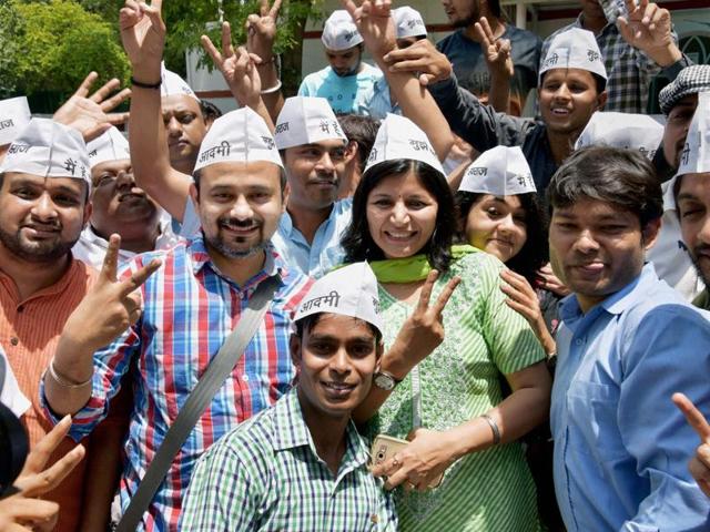 AAP workers celebrate the party’s win in the Delhi municipal elections on Tuesday. AAP emerged as the largest party with five seats of the 13. However, compared to its 54.2% vote share in the 2015 assembly elections, the party only scored 29.9% in the municipal elections (PTI) AAP workers celebrate the party’s win in the Delhi municipal elections on Tuesday. AAP emerged as the largest party with five seats of the 13. However, compared to its 54.2% vote share in the 2015 assembly elections, the party only scored 29.9% in the municipal elections (PTI)