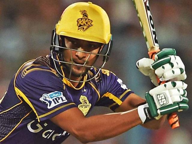 KKR batsman Shakib Al Hasan plays a shot during an IPL match against RCB at Eden Garden in Kolkata. (PTI Photo) KKR batsman Shakib Al Hasan plays a shot during an IPL match against RCB at Eden Garden in Kolkata. (PTI Photo)