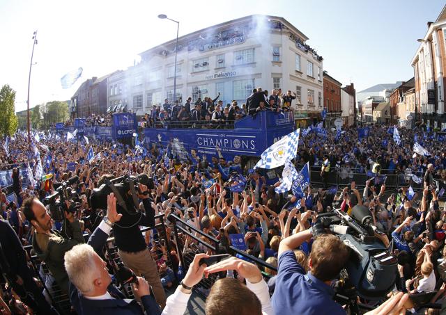 Leicester City celebrate with Premier League trophy and fans during the parade. (REUTERS) Leicester City celebrate with Premier League trophy and fans during the parade. (REUTERS)