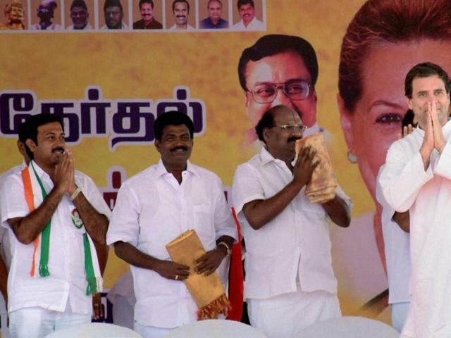 Congress vice-president Rahul Gandhi at an election rally ahead of Tamil Nadu legislative assembly elections at Umatchikulam, Madurai. (PTI Photo)