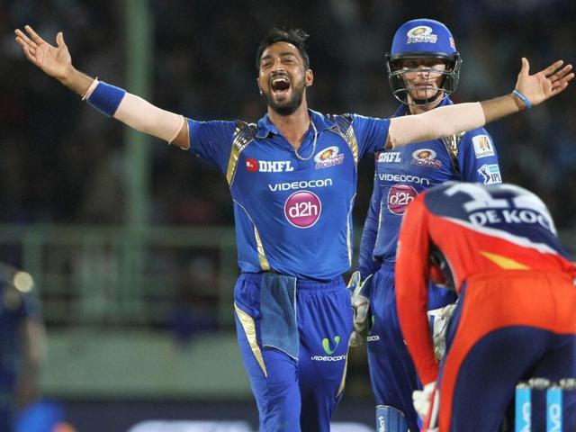 Krunal Pandya of Mumbai Indians celebrates the wicket of Quinton de Kock of Delhi Daredevils. (PTI Photo) Krunal Pandya of Mumbai Indians celebrates the wicket of Quinton de Kock of Delhi Daredevils. (PTI Photo)