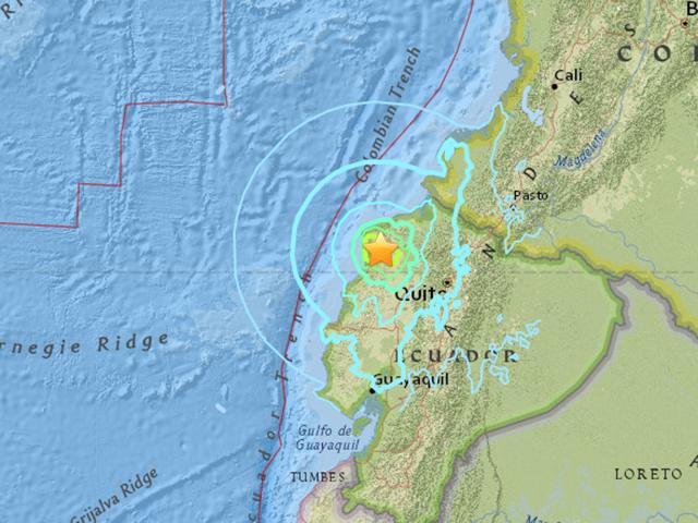 The 6.7-magnitude quake struck 58km south of Esmeraldas at a depth of 10 km. (USGS) The 6.7-magnitude quake struck 58km south of Esmeraldas at a depth of 10 km. (USGS)