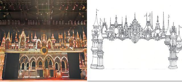 The castle and its archway as seen on set, compared to its original sketch (Photo: Aalok Soni/HT; Illustration courtesy: Varsha Jain )